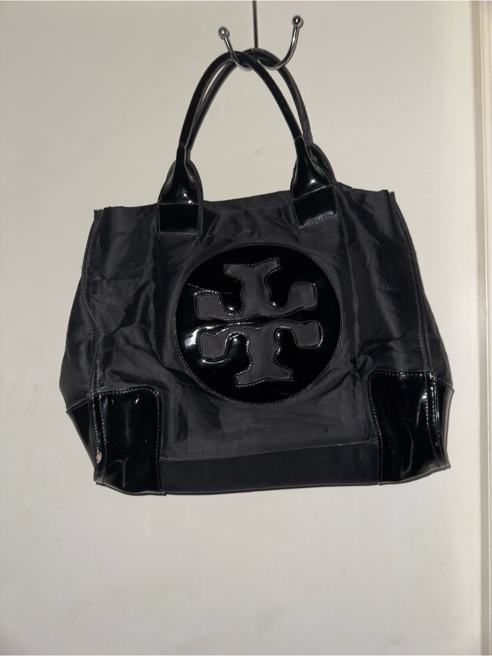 Tory Burch Black Patent-Trim Logo Tote